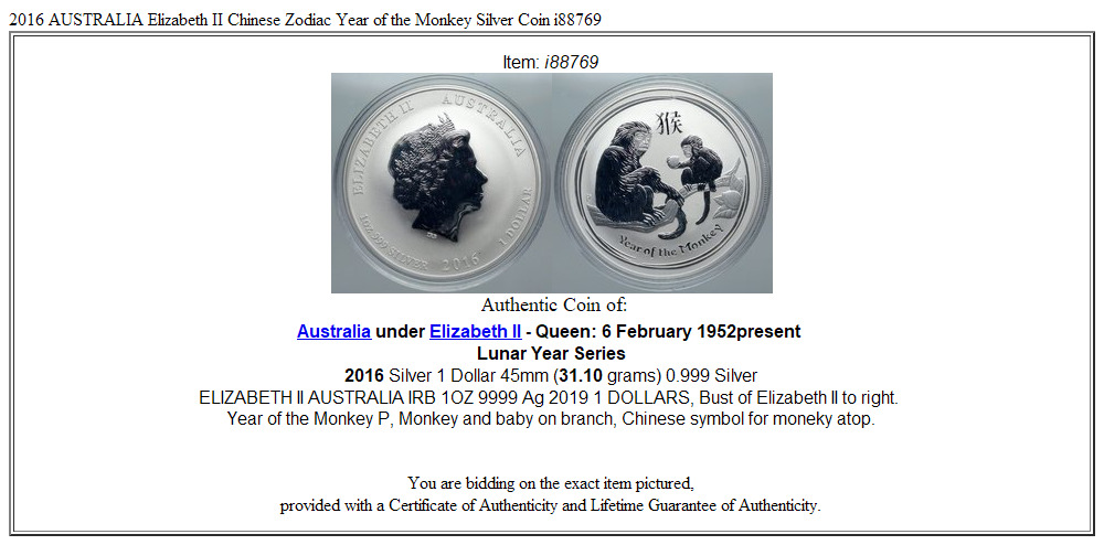 2016 AUSTRALIA Elizabeth II Chinese Zodiac Year of the Monkey Silver Coin i88769