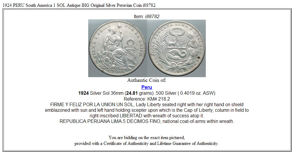 1924 PERU South America 1 SOL Antique BIG Original Silver Peruvian Coin i88782