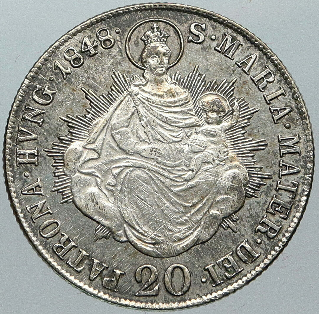 1848 HUNGARY King Ferdinand V MADONNA Antique Silver 20 Krajczar Coin i88784