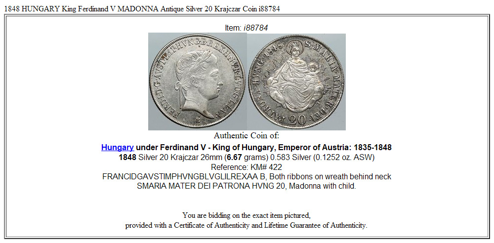 1848 HUNGARY King Ferdinand V MADONNA Antique Silver 20 Krajczar Coin i88784