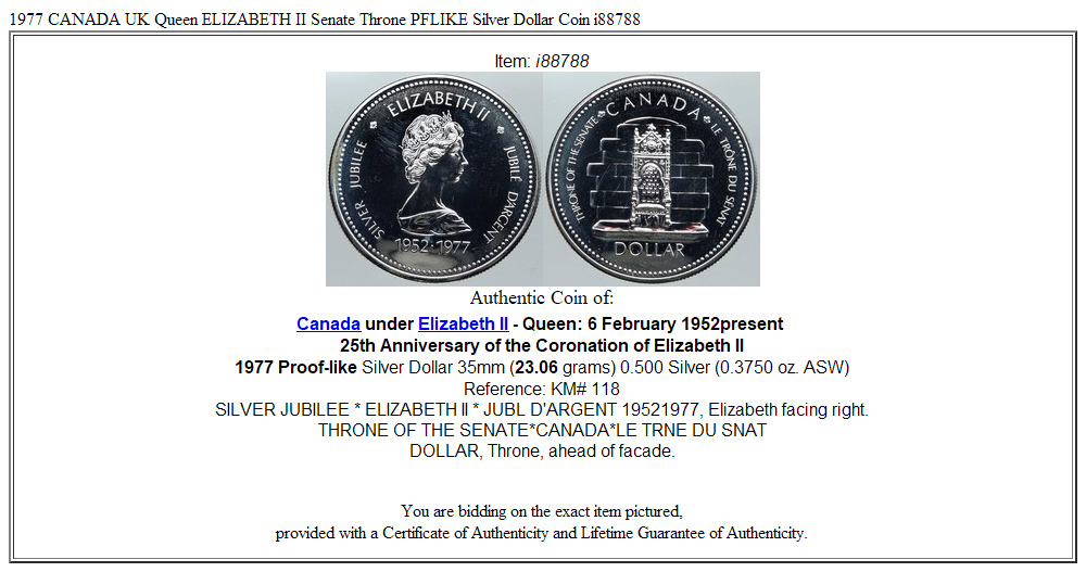 1977 CANADA UK Queen ELIZABETH II Senate Throne PFLIKE Silver Dollar Coin i88788