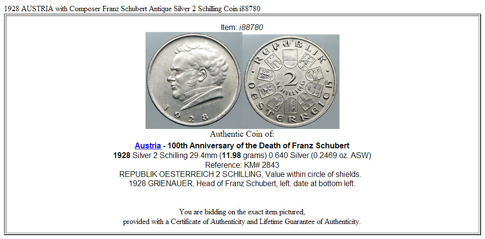 1928 AUSTRIA with Composer Franz Schubert Antique Silver 2 Schilling Coin i88780