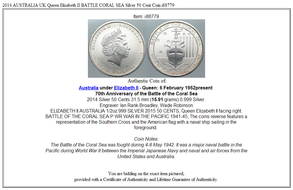 2014 AUSTRALIA UK Queen Elizabeth II BATTLE CORAL SEA Silver 50 Cent Coin i88779