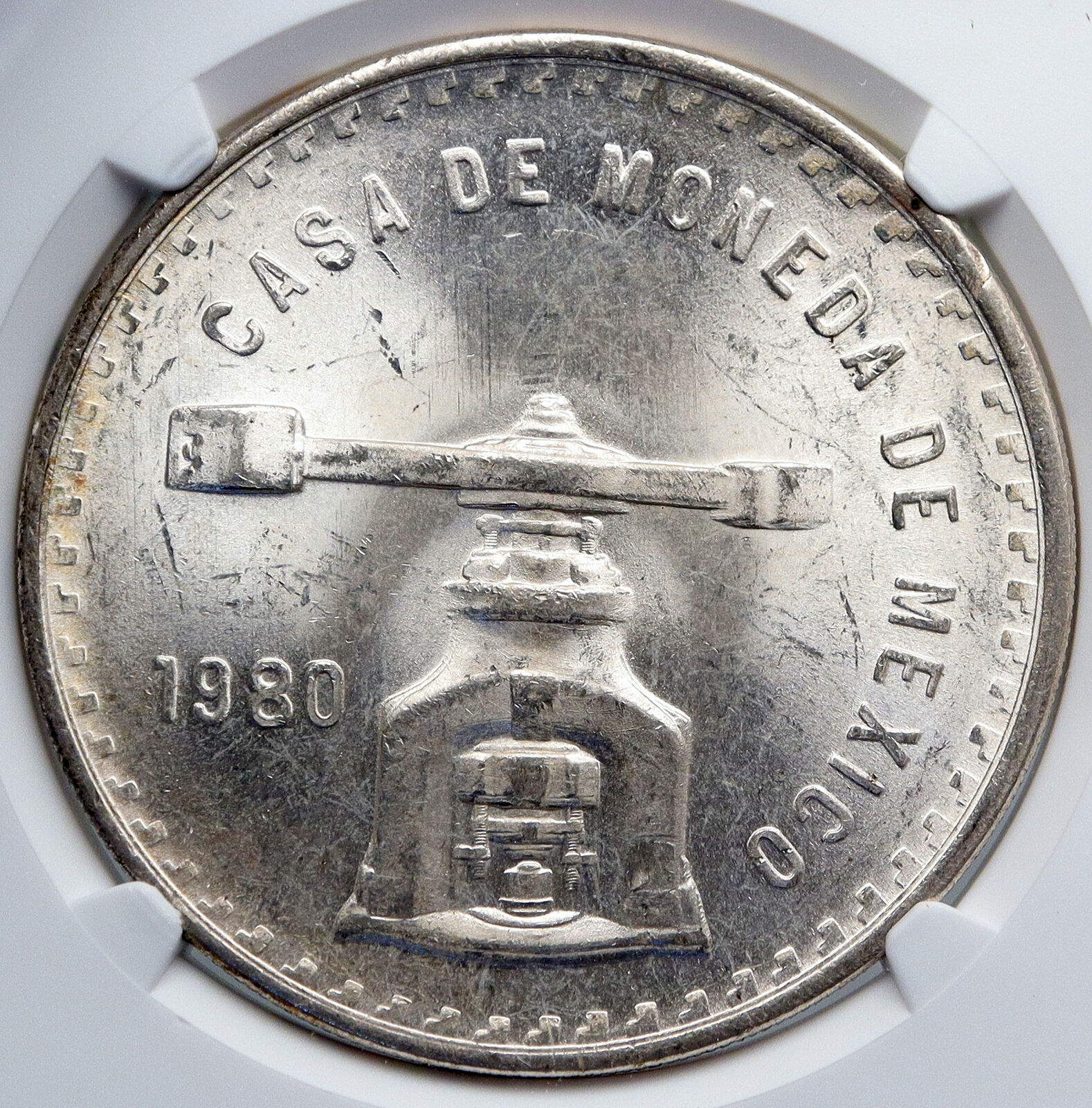 1980 MEXICO Huge Medallic SILVER Onza Mexican OLD COIN PRESS Scales NGC i89233