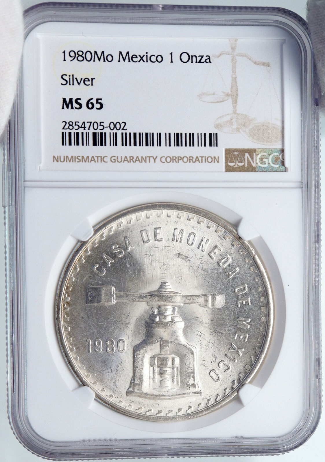 1980 MEXICO Huge Medallic SILVER Onza Mexican OLD COIN PRESS Scales NGC i89233