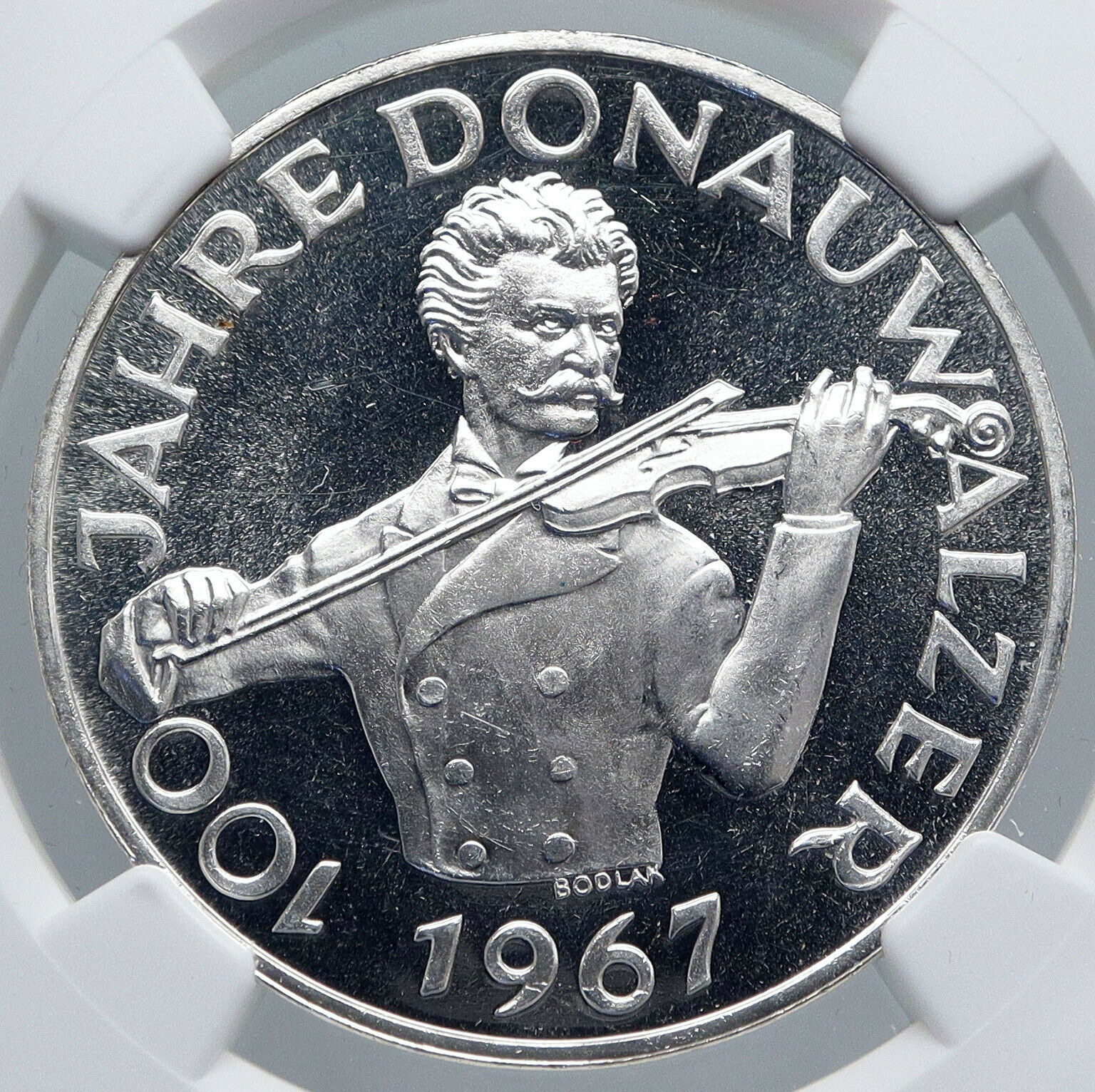 1967 AUSTRIA Blue Danube Waltz VIOLINIST VINTAGE Silver 50 Shilg Coin NGC i89270