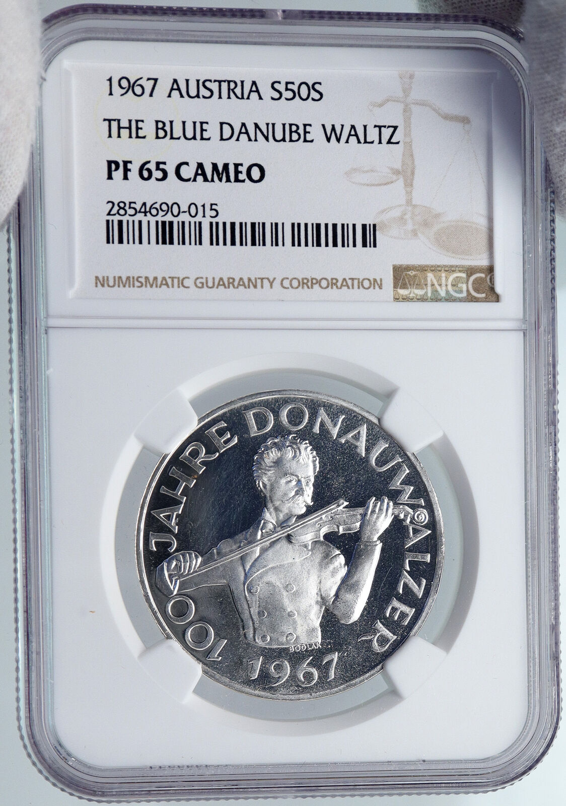 1967 AUSTRIA Blue Danube Waltz VIOLINIST VINTAGE Silver 50 Shilg Coin NGC i89270