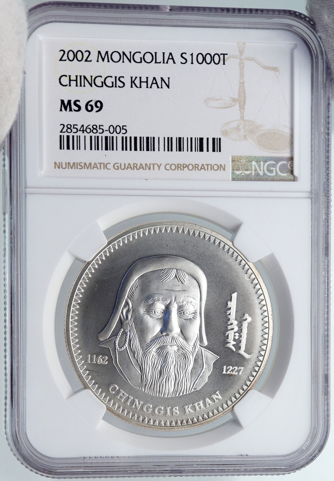 2002 MONGOLIA Conqueror Great Genghis Kahn Silver 1000 Tugrik Coin NGC i89275