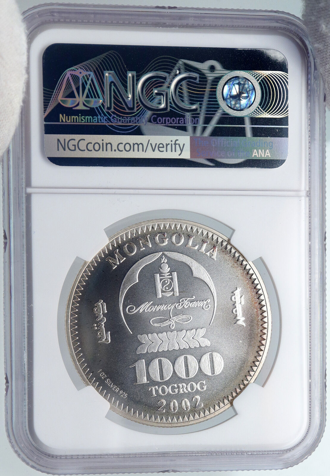 2002 MONGOLIA Conqueror Great Genghis Kahn Silver 1000 Tugrik Coin NGC i89275