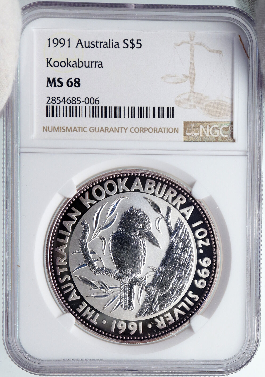 1991 AUSTRALIA Kookaburra Bird Tree Silver 5 Dollar Australian Coin NGC i89276