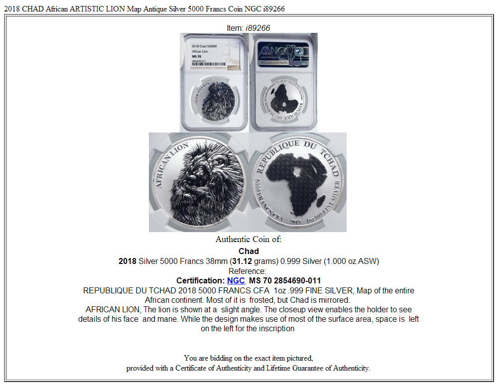 2018 CHAD African ARTISTIC LION Map Antique Silver 5000 Francs Coin NGC i89266