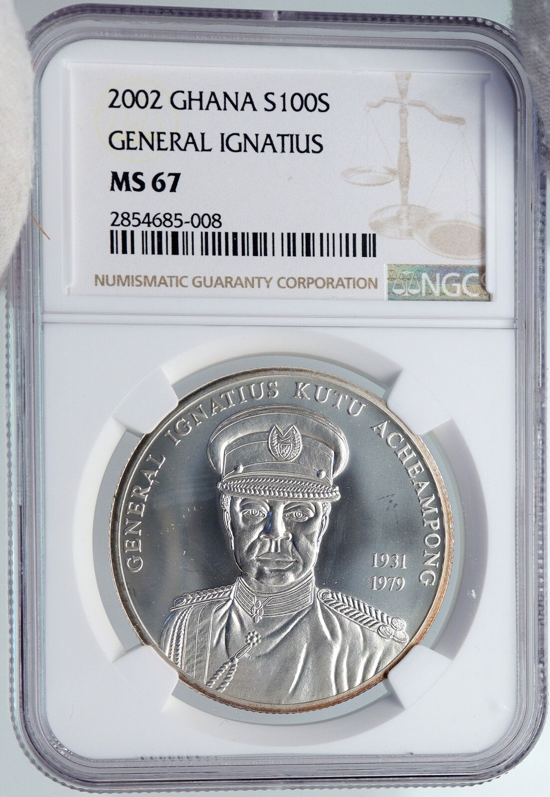 2002 GHANA General IGNATIUS Lion in Shield Silver 100 Shilling Coin NGC i89278