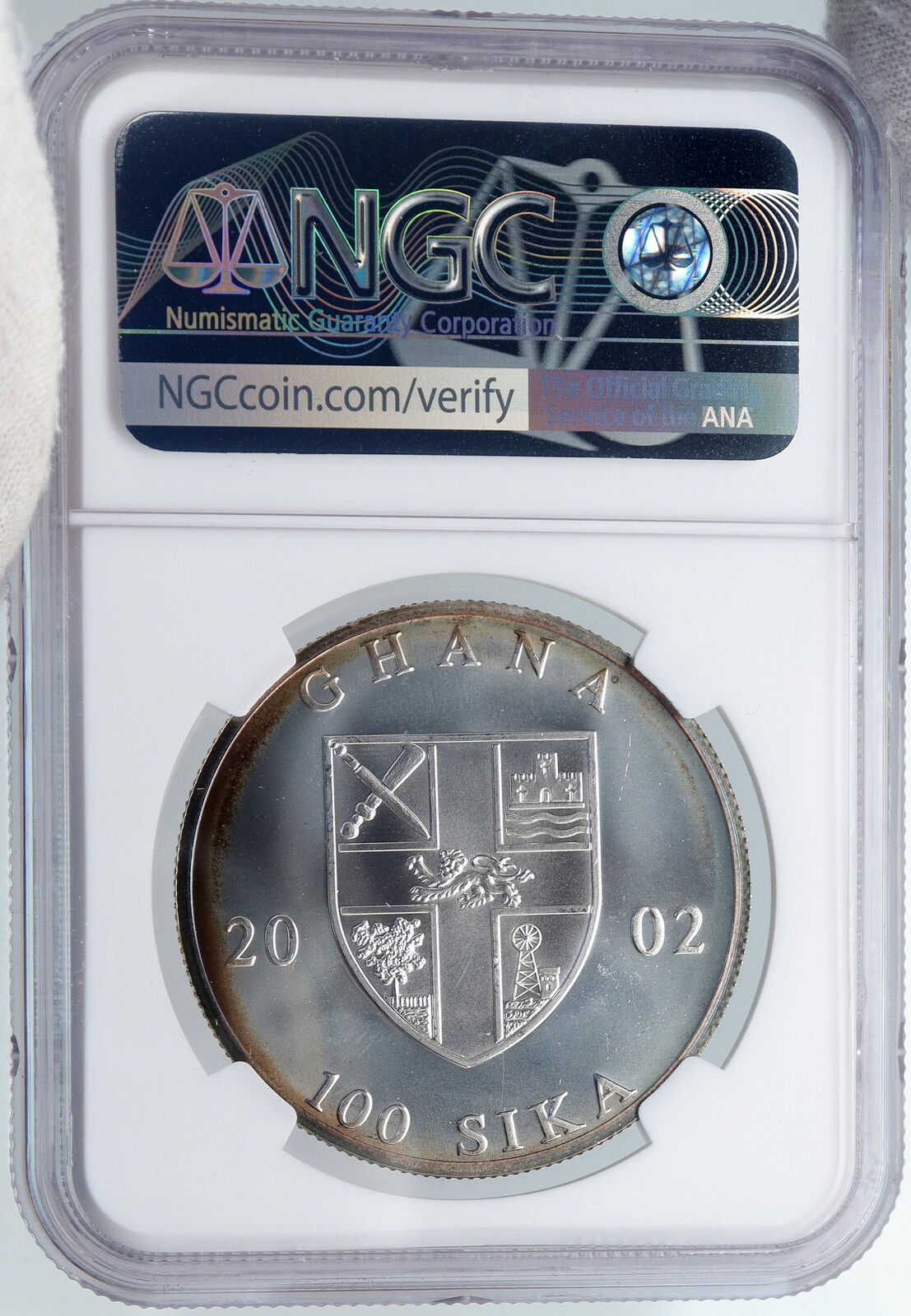 2002 GHANA General IGNATIUS Lion in Shield Silver 100 Shilling Coin NGC i89278