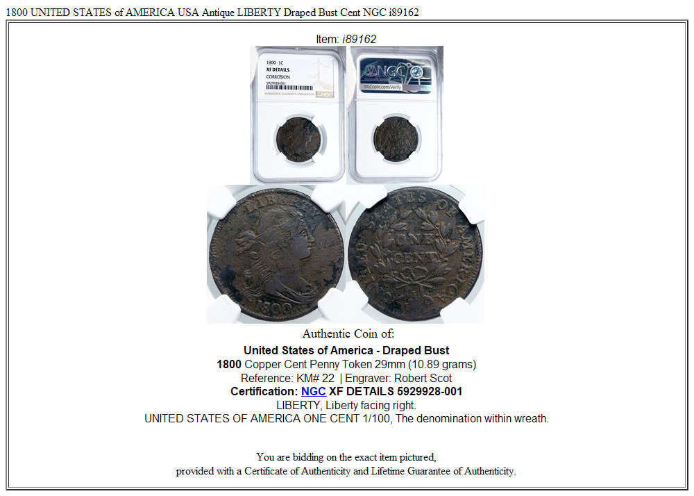 1800 UNITED STATES of AMERICA USA Antique LIBERTY Draped Bust Cent NGC i89162