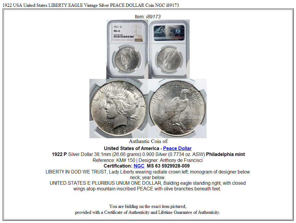 1922 USA United States LIBERTY EAGLE Vintage Silver PEACE DOLLAR Coin NGC i89173