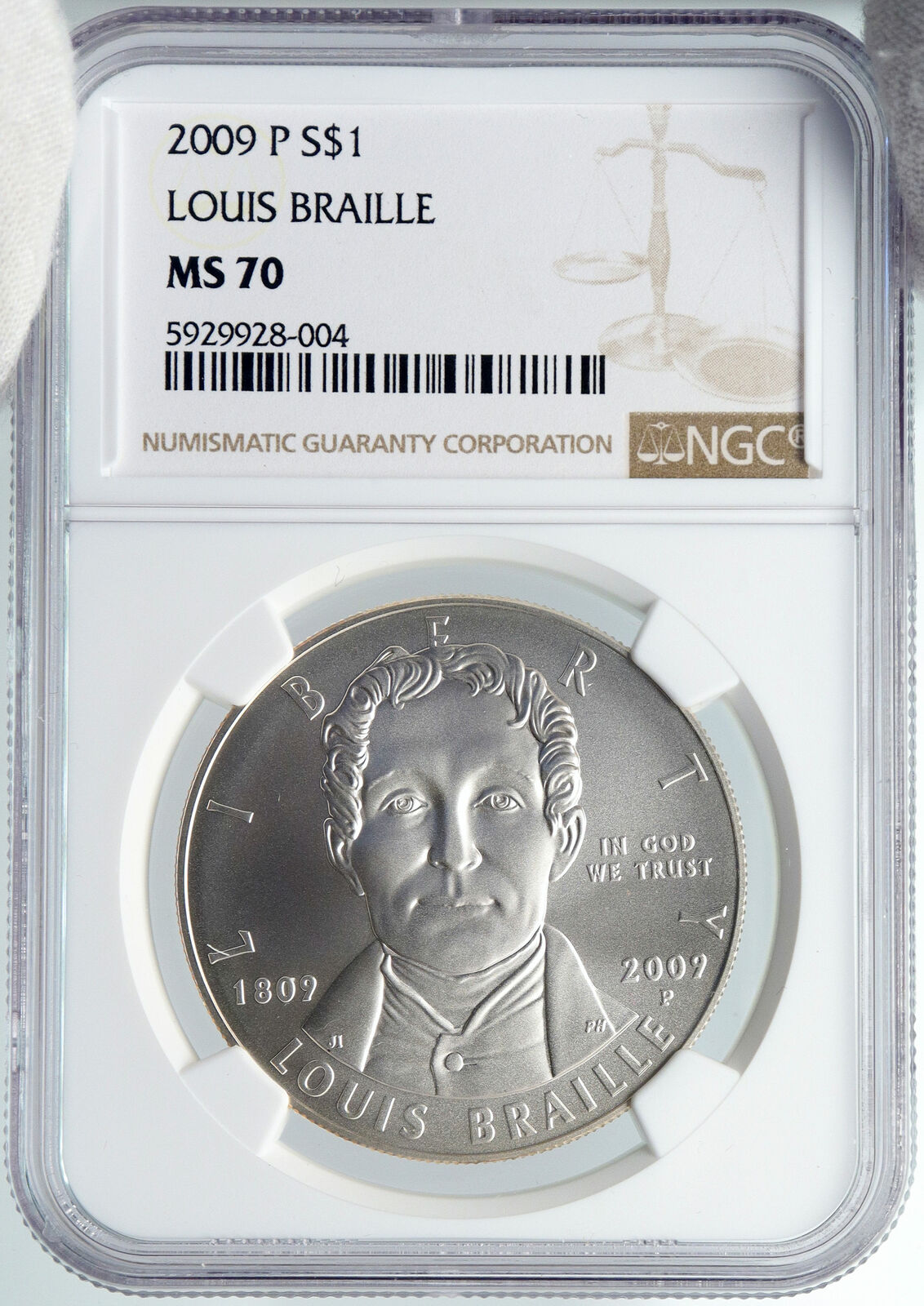 2009 UNITED STATES US Louis Braille Inventor Blind Deaf Silver $ Coin NGC i89168