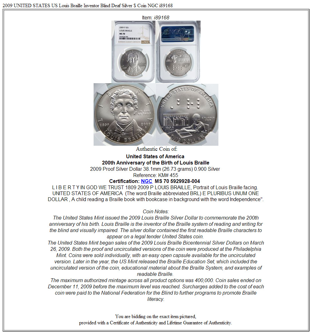 2009 UNITED STATES US Louis Braille Inventor Blind Deaf Silver $ Coin NGC i89168