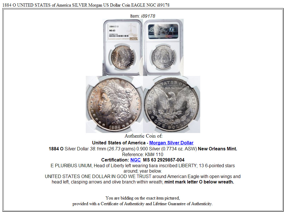 1884 O UNITED STATES of America SILVER Morgan US Dollar Coin EAGLE NGC i89178