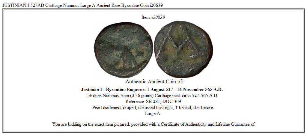 JUSTINIAN I 527AD Carthage Nummus Large A Ancient Rare Byzantine Coin i20639