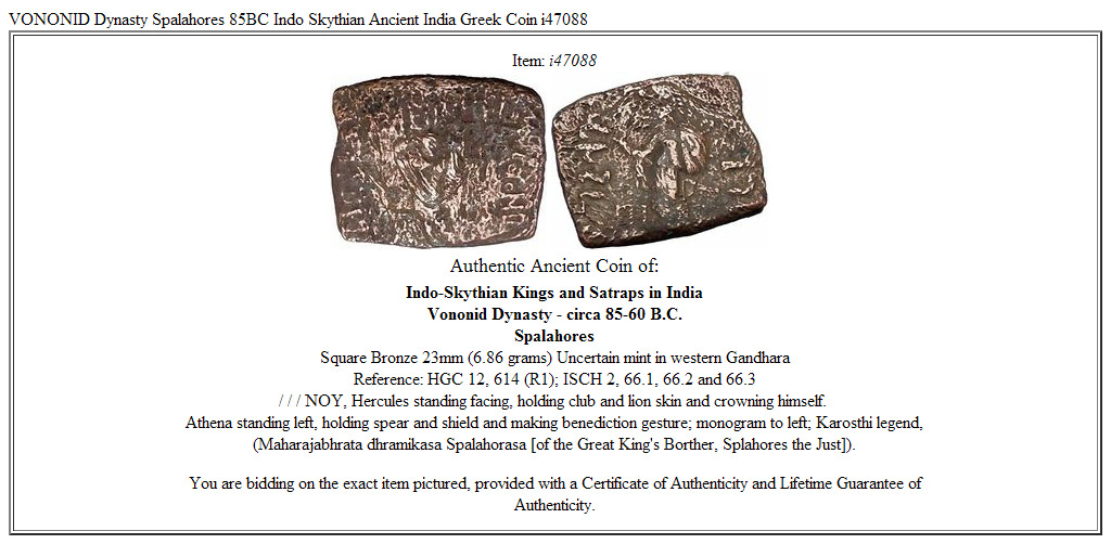 VONONID Dynasty Spalahores 85BC Indo Skythian Ancient India Greek Coin i47088