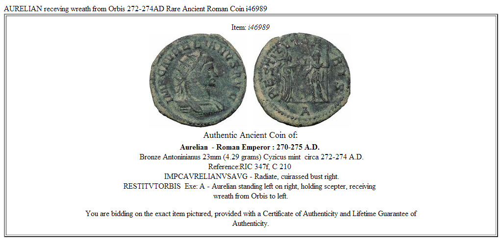 AURELIAN receving wreath from Orbis 272-274AD Rare Ancient Roman Coin i46989