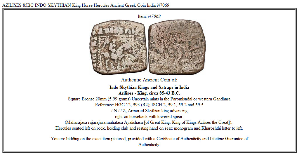 AZILISES 85BC INDO SKYTHIAN King Horse Hercules Ancient Greek Coin India i47069