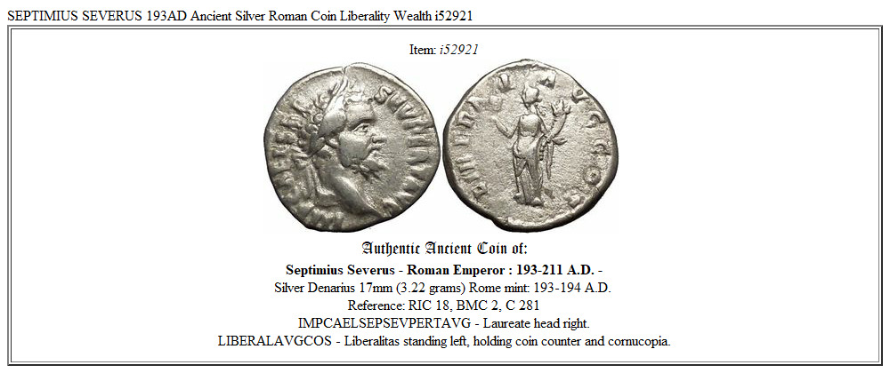 SEPTIMIUS SEVERUS 193AD Ancient Silver Roman Coin Liberality Wealth i52921