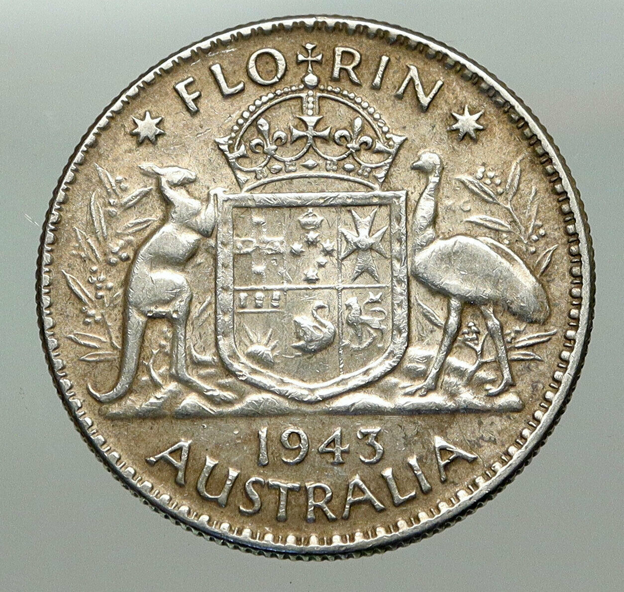 1943 AUSTRALIA Large King George VI Kangaroos Antique Silver Florin Coin i85100