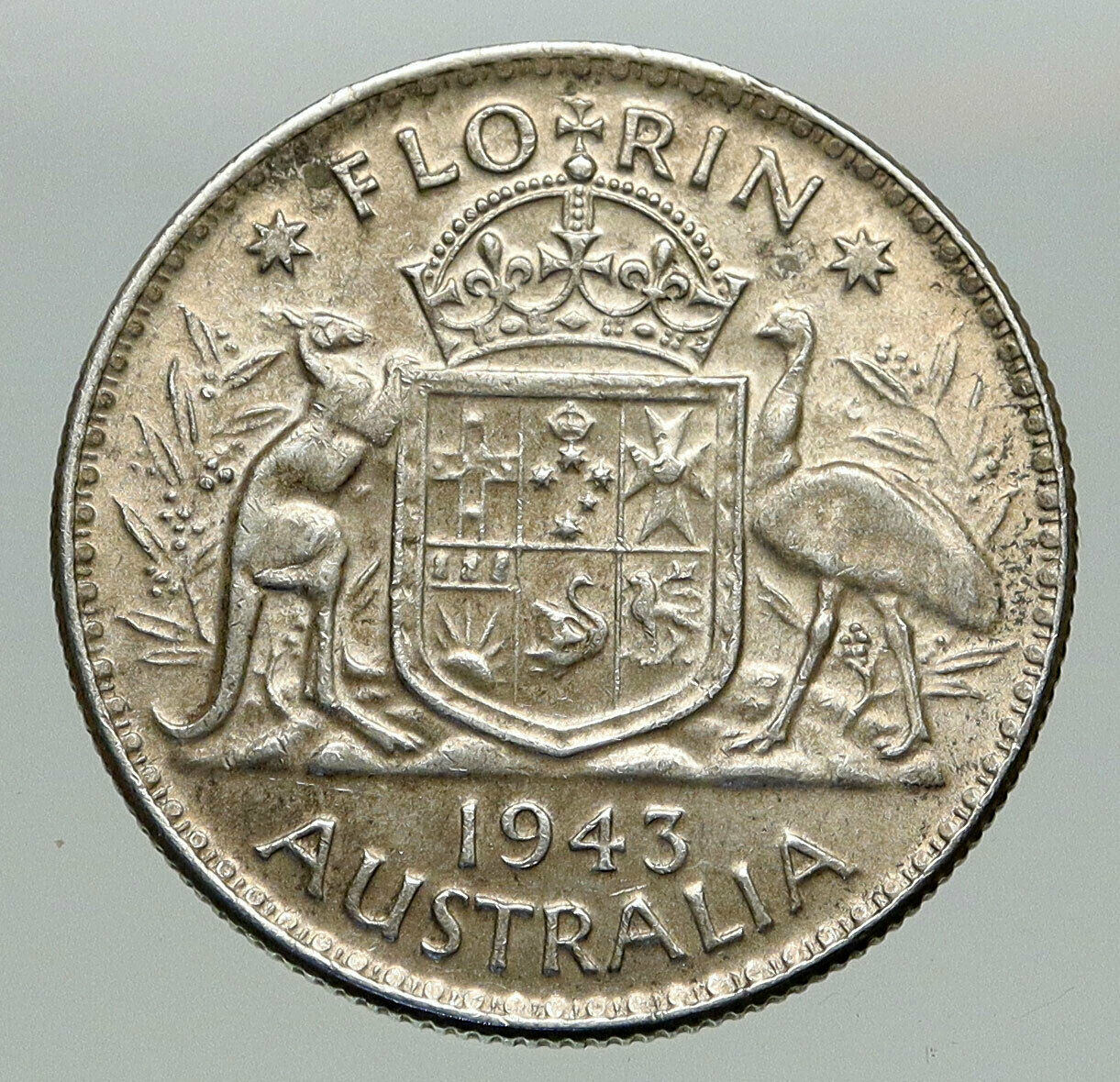 1943 AUSTRALIA Large King George VI Kangaroos Antique Silver Florin Coin i85120