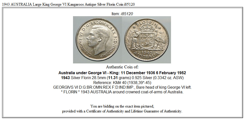 1943 AUSTRALIA Large King George VI Kangaroos Antique Silver Florin Coin i85120