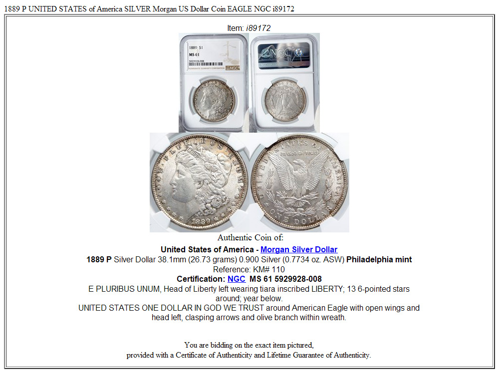 1889 P UNITED STATES of America SILVER Morgan US Dollar Coin EAGLE NGC i89172