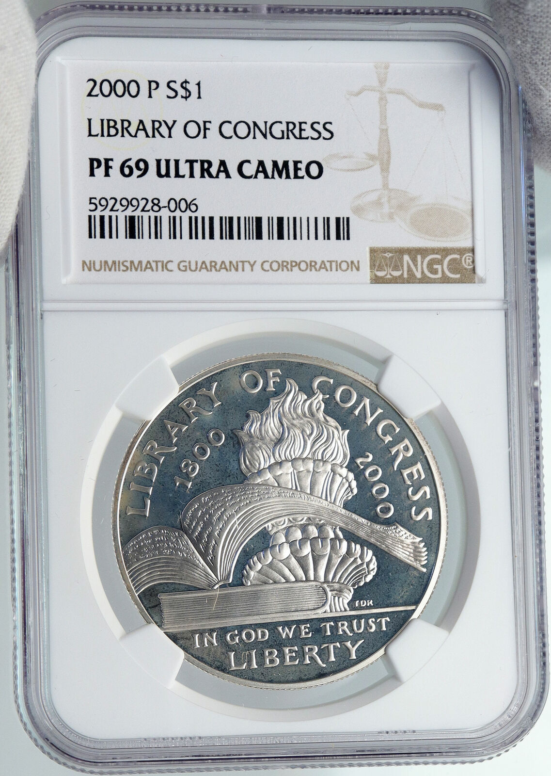 2000 UNITED STATES US Library of Congress TORCH & BOOKS Silver $ Coin NGC i89170