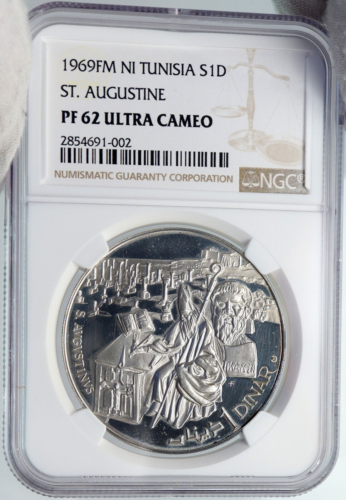 1969 TUNISIA History SAINT AUGUSTINE Vintage Proof Silver Dinar Coin NGC i89288