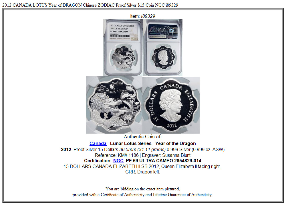 2012 CANADA LOTUS Year of DRAGON Chinese ZODIAC Proof Silver $15 Coin NGC i89329