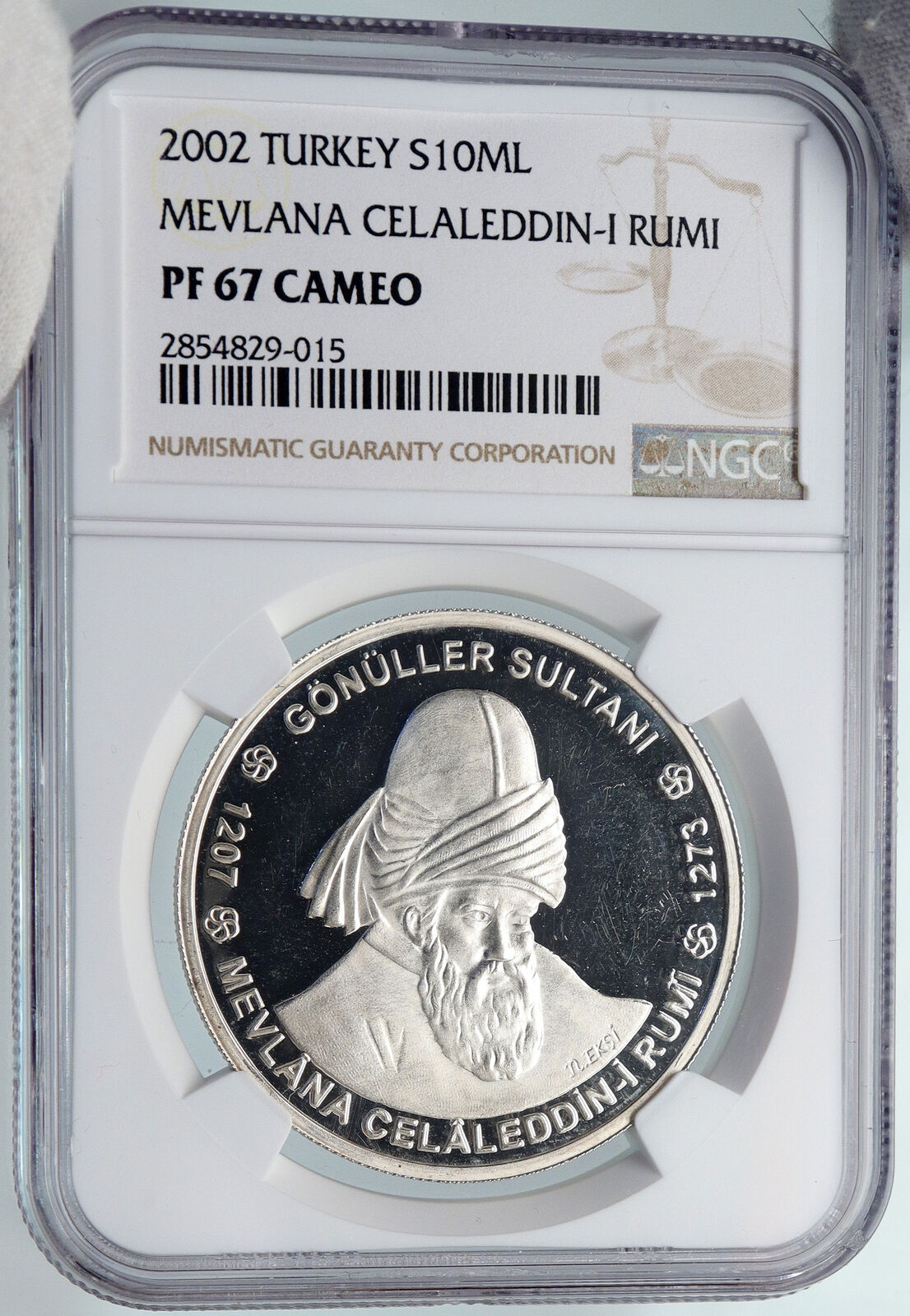 2002 TURKEY Huge MEVLANA RUMI Silver 10 Million Lira Medallion Coin NGC i89330