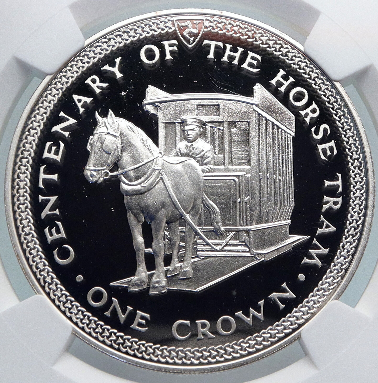 1976 ISLE of MAN UK Elizabeth II 100 HORSE TRAM CAR Silver Crown Coin NGC i89322