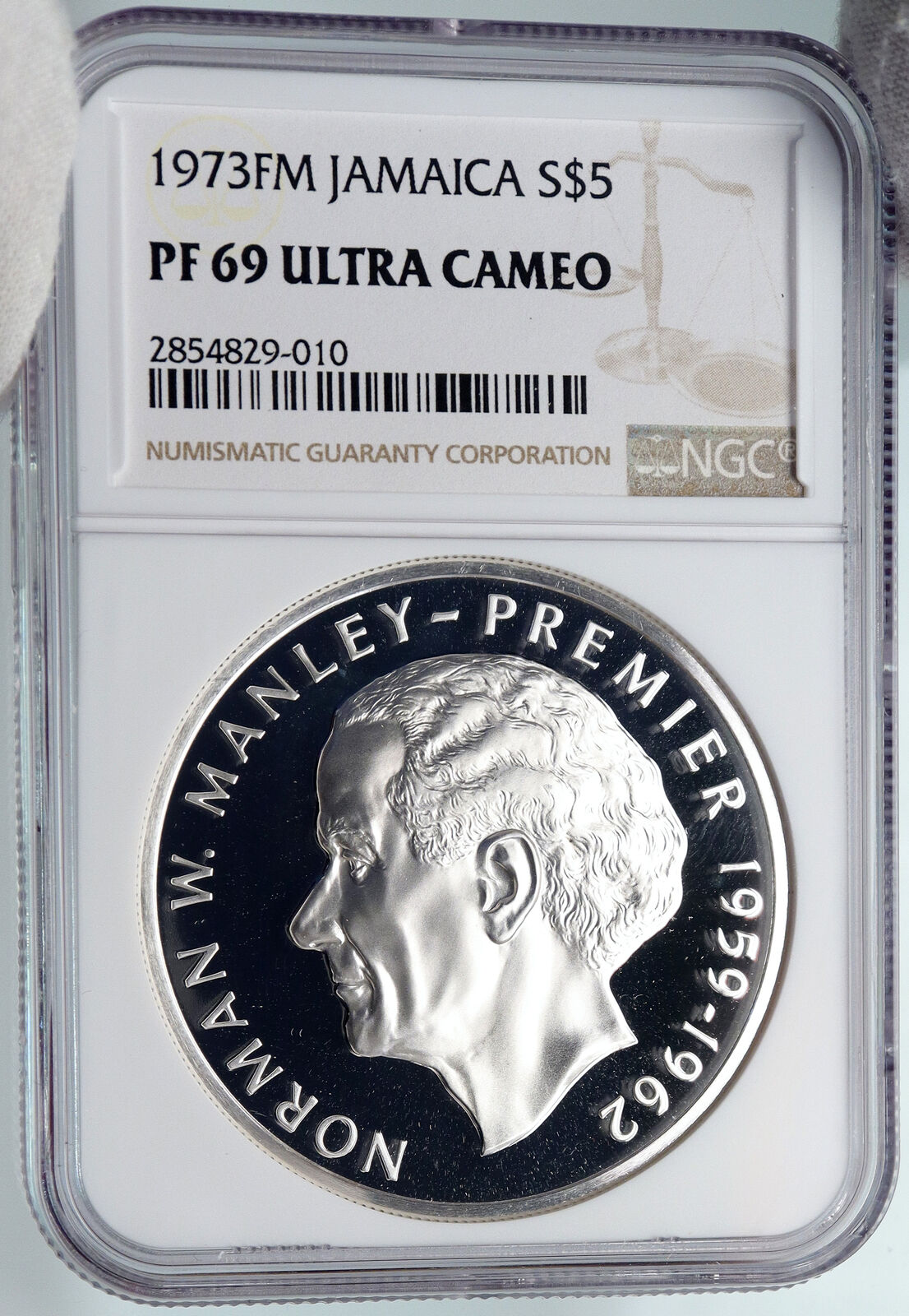 1973 JAMAICA Proof HUGE 4.5cm Premier Norman W Manley Silver $5 Coin NGC i89325