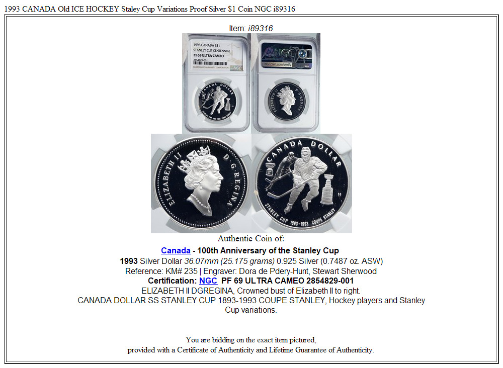 1993 CANADA Old ICE HOCKEY Staley Cup Variations Proof Silver $1 Coin NGC i89316