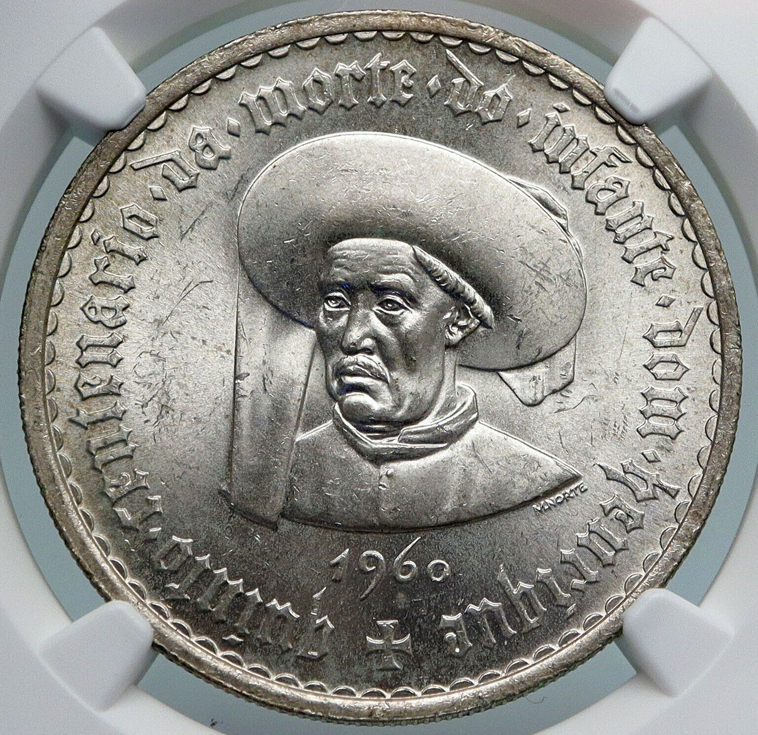 1960 PORTUGAL Prince Henry Navigator Antique Silver 20 Escudos Coin NGC i89327