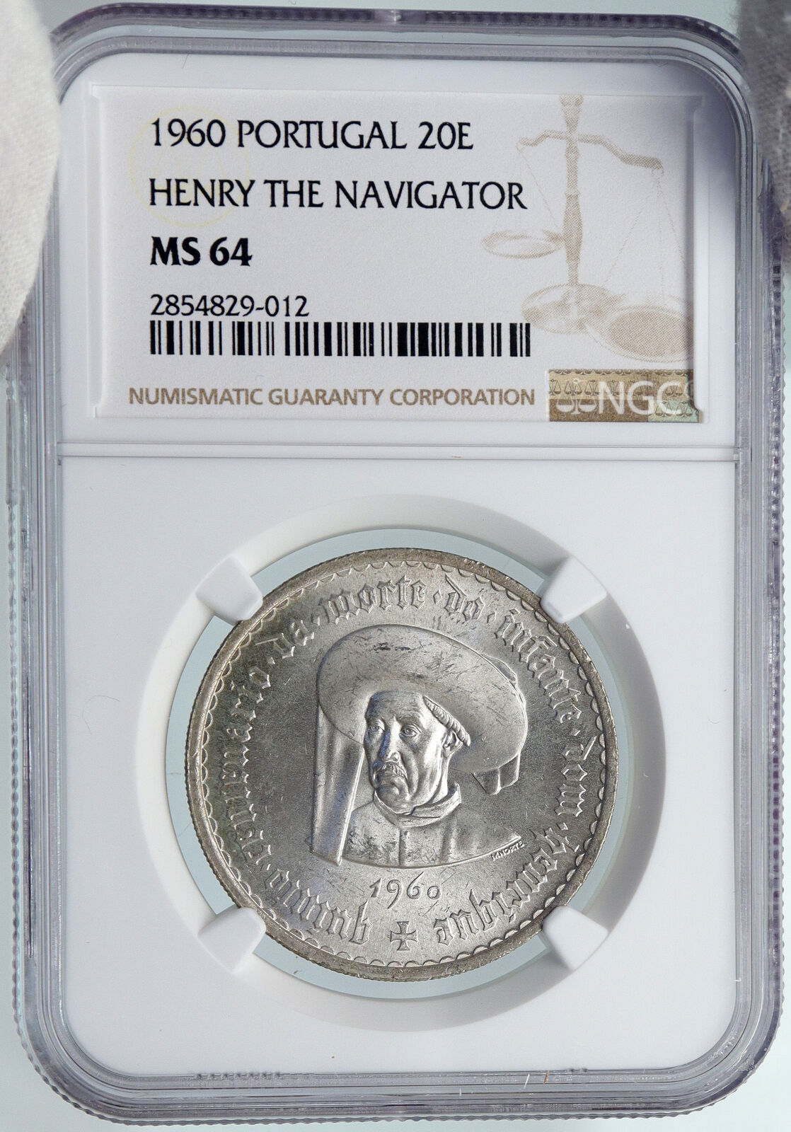 1960 PORTUGAL Prince Henry Navigator Antique Silver 20 Escudos Coin NGC i89327