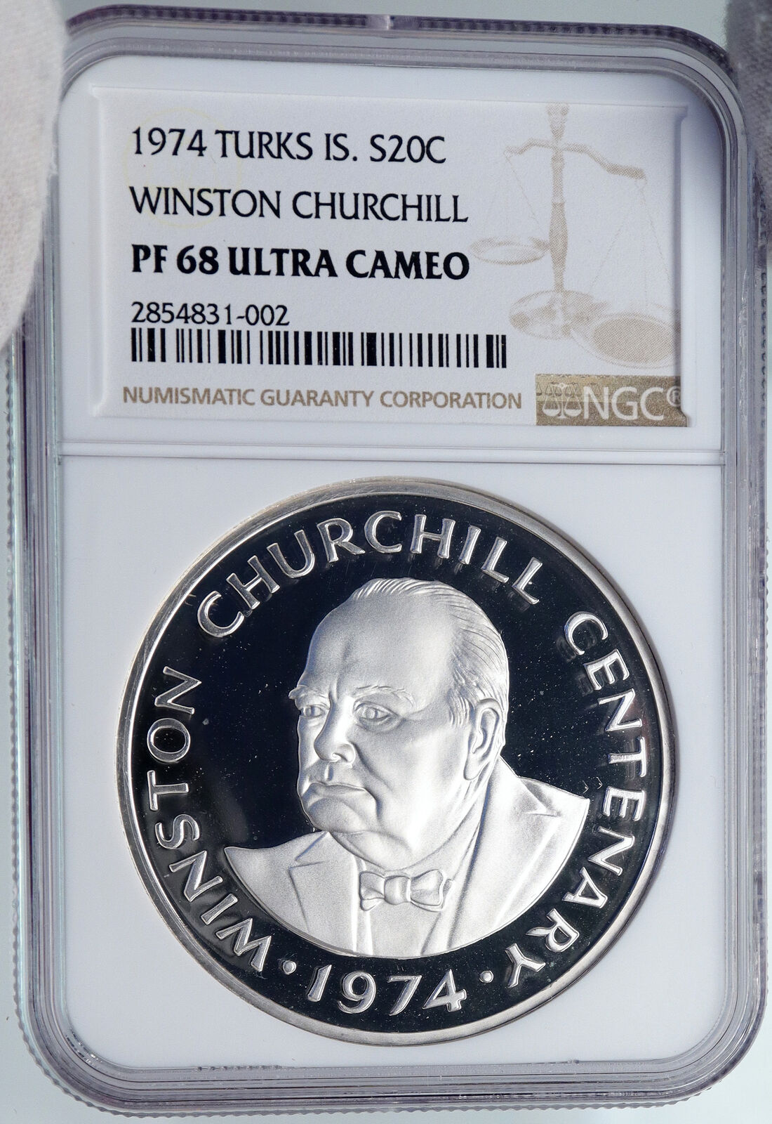 1974 TURKS & CAICOS UK WINSTON CHURCHILL Proof Silver 20 Crown Coin NGC i89302