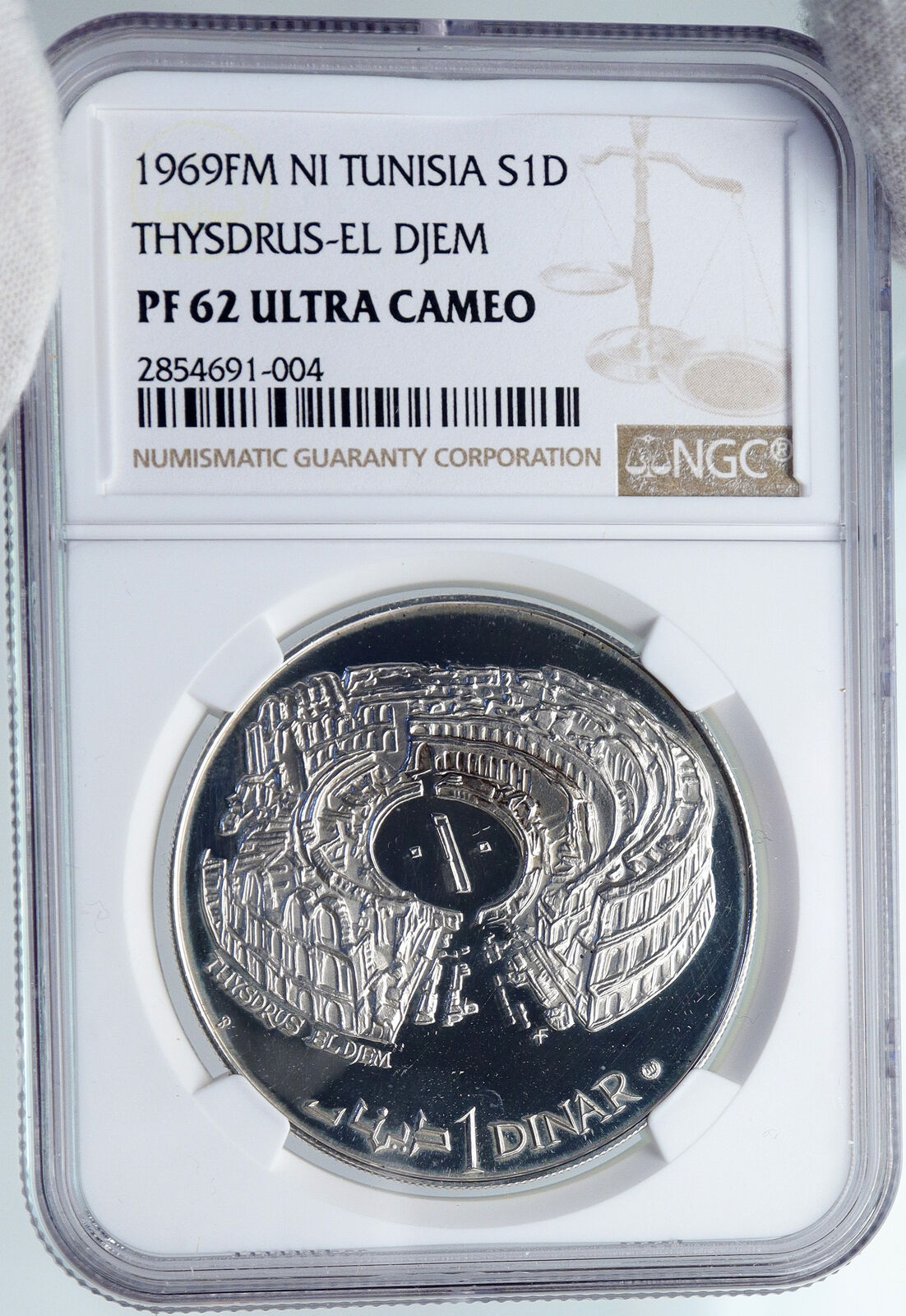 1969 TUNISIA History Thysdrus-El Djem COLOSSEUM Proof Silver Din Coin NGC i89289