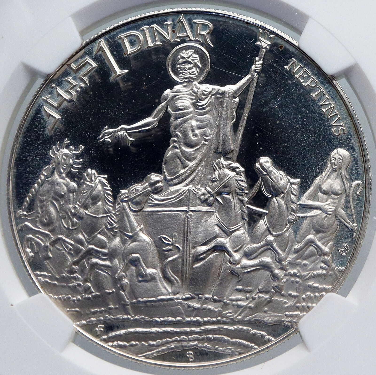 1969 TUNISIA History ROMAN NEPTUNE Mermaids Proof Silver 1 Dinar Coin NGC i89293