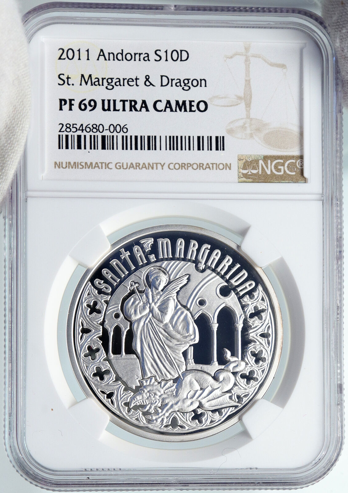 2011 ANDORRA Saint Margaret Slays DRAGON Proof Silver 10 Diners Coin NGC i89349