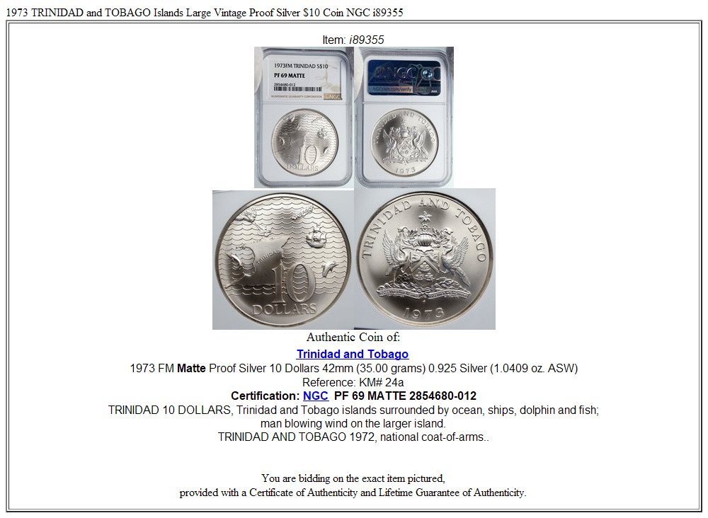 1973 TRINIDAD and TOBAGO Islands Large Vintage Proof Silver $10 Coin NGC i89355