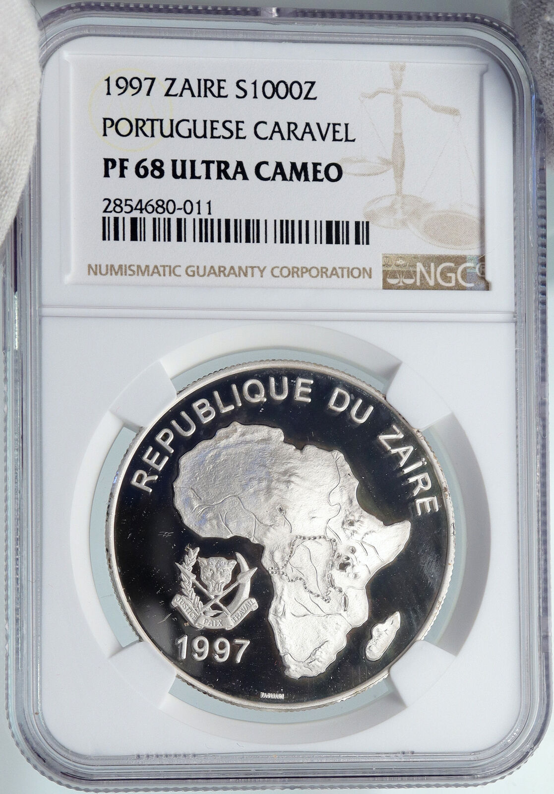 1997 ZAIRE CONGO Portugese Caravel OLD Proof Silver 1000 New ZRS Coin NGC i89354