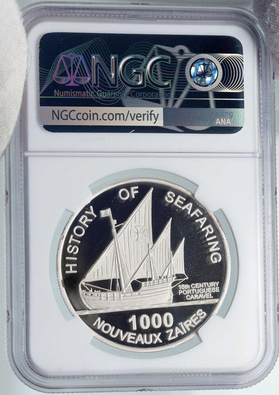 1997 ZAIRE CONGO Portugese Caravel OLD Proof Silver 1000 New ZRS Coin NGC i89354