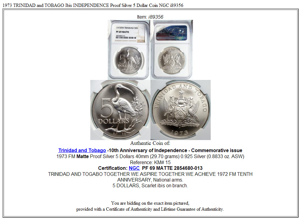 1973 TRINIDAD and TOBAGO Ibis INDEPENDENCE Proof Silver 5 Dollar Coin NGC i89356