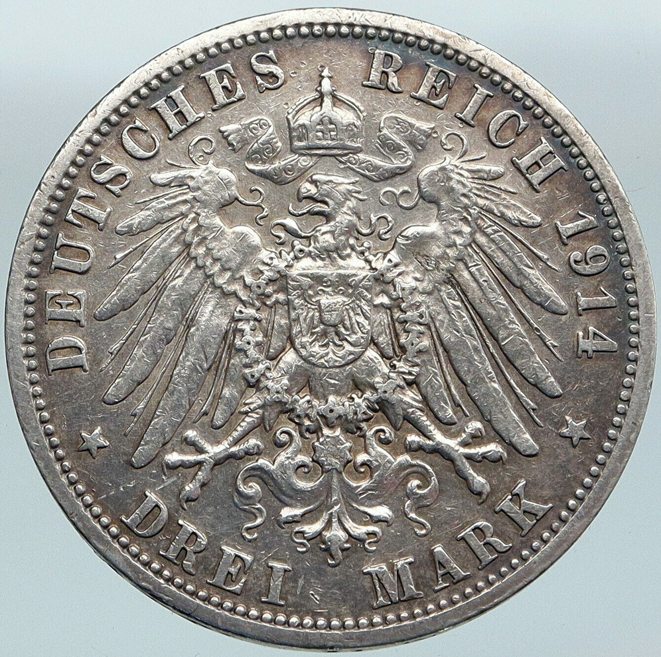 1914A GERMANY GERMAN STATES PRUSSIA WILHELM II Antique Silver 3 Mark Coin i88105