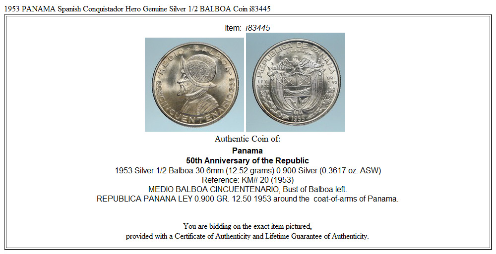 1953 PANAMA Spanish Conquistador Hero Genuine Silver 1/2 BALBOA Coin i83445